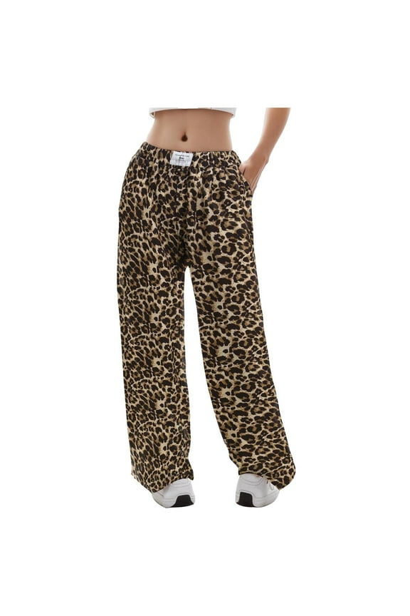 Women's Leopard Print Elastic Waisted Wide Leg Long Pants Trousers Brown, M