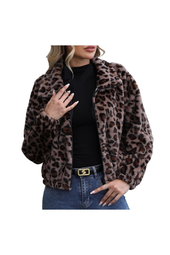 Women's Leopard Print Faux Fur Cropped Jacket - Zip-Up Casual Fall Winter Fashion Outerwear Grey, XXL