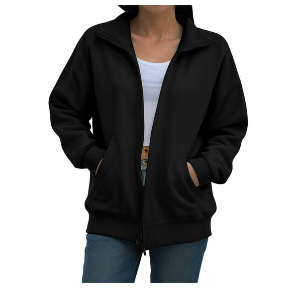 felwors Women's Lightweight Full Zip Soft Fleece Jacket 2025 Casual Sweatshirts Coat with Pockets Black, XL