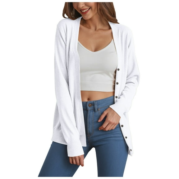 felwors Women's Lightweight Long Open Front Cardigan with Pockets, Elegant Casual Knitted Fall Cover Up White, L