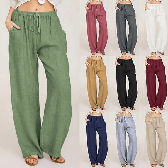 felwors Women's Linen Blend Wide Leg Pants High Waist Elastic Drawstring Flowy Casual Lounge Beach Pants (Grey, S)