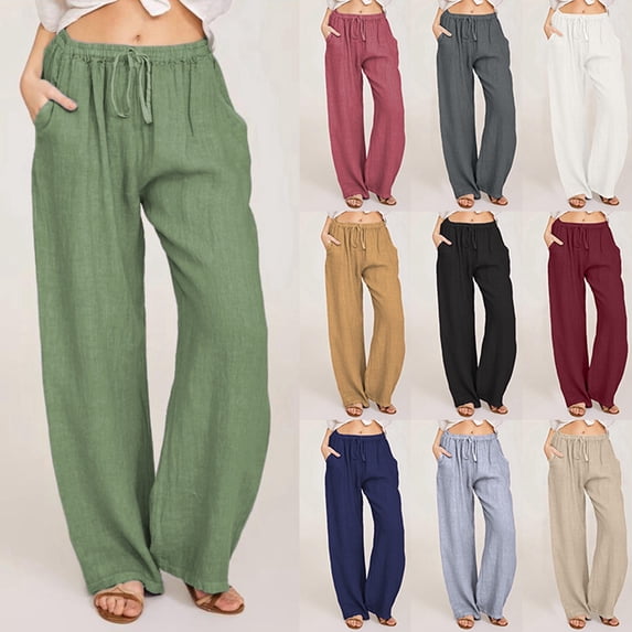 felwors Women's Linen Blend Wide Leg Pants High Waist Elastic ...