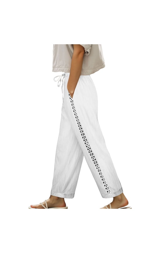 Women's Linen Capri Pants with Drawstring Petite Summer Beachwear Lightweight Elastic Waist Pants White, L