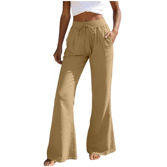 felwors Women's Linen Cotton Flare Pants – Wide Leg Drawstring Waist Lounge Pants, Breathable Summer Bottoms for Casual Wear, Beach, Travel, and Everyday Comfort (Khaki, M)