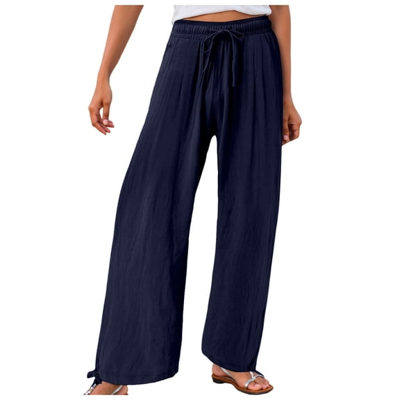 felwors Women's Linen Wide Leg Pants Summer High Waisted Drawstring Palazzo Pants Casual Beach Pants Baggy Trousers Blue, XXXXL