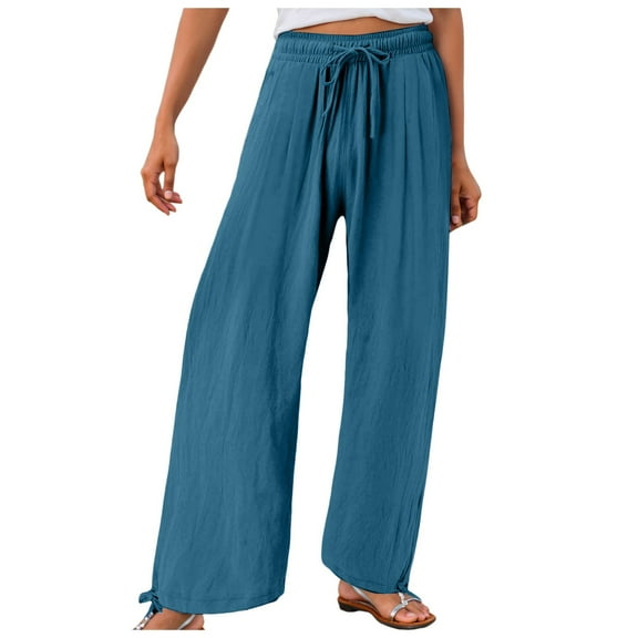 felwors Women's Linen Wide Leg Pants Summer High Waisted Drawstring Palazzo Pants Casual Beach Pants Baggy Trousers Navy, XXXL