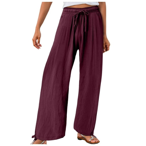 felwors Women's Linen Wide Leg Pants Summer High Waisted Drawstring Palazzo Pants Casual Beach Pants Baggy Trousers Red, XXXXL