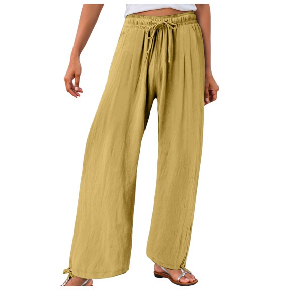 felwors Women's Linen Wide Leg Pants Summer High Waisted Drawstring Palazzo Pants Casual Beach Pants Baggy Trousers Yellow, XL