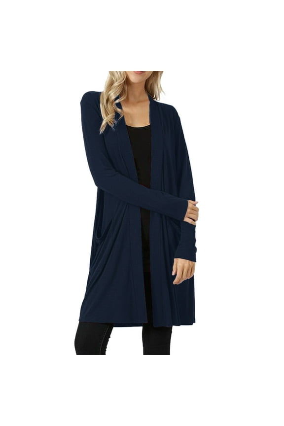 Women's Long Cardigan Casual Long Sleeve Flowy Open Front Knee Length Drape Lightweight Duster Cardigans with Pockets Navy, XXL