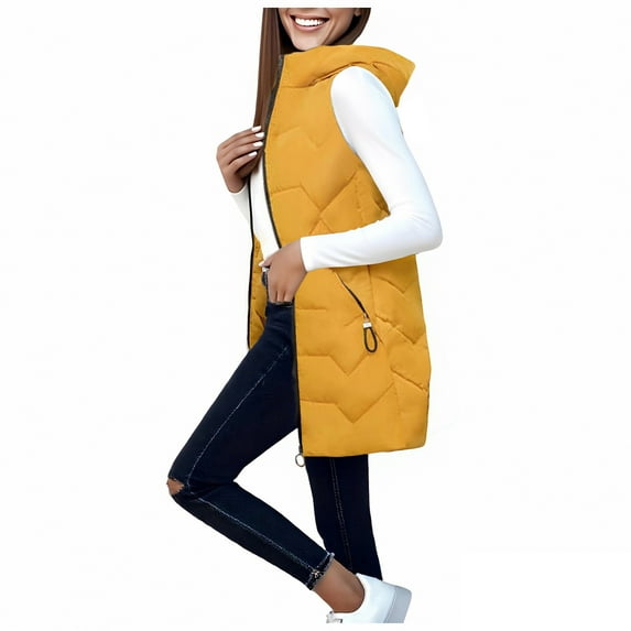 felwors Women's Long Hooded Down Zip Vest - Lightweight Quilted Padding with Pockets Yellow, XXXL/XXL