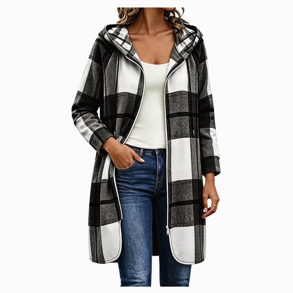 felwors Women's Long Plaid Jacket Lightweight Fall Zip Up Hoodie, Hooded Cardigan Long Sleeve Color Block Trendy Coat Comfy Outerwear (Black, L)