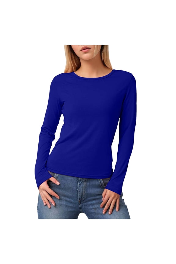 Women's Long-Sleeve Crew-Neck Cotton T-Shirt Classic-Fit Shirt Soft Breathable Casual Tee Basic Tops Blue, XL