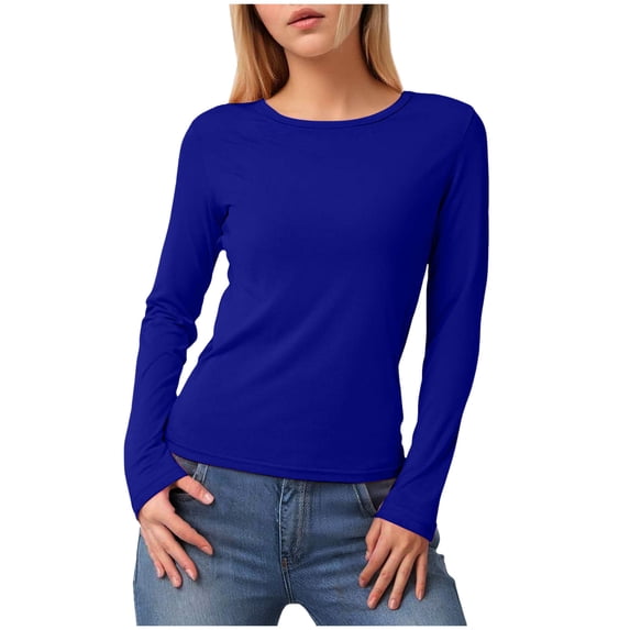 felwors Women's Long-Sleeve Crew-Neck Cotton T-Shirt Classic-Fit Shirt Soft Breathable Casual Tee Basic Tops Blue, XL