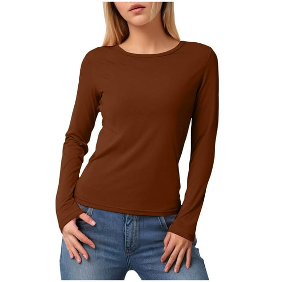 felwors Women's Long-Sleeve Crew-Neck Cotton T-Shirt Classic-Fit Shirt Soft Breathable Casual Tee Basic Tops Coffee, L