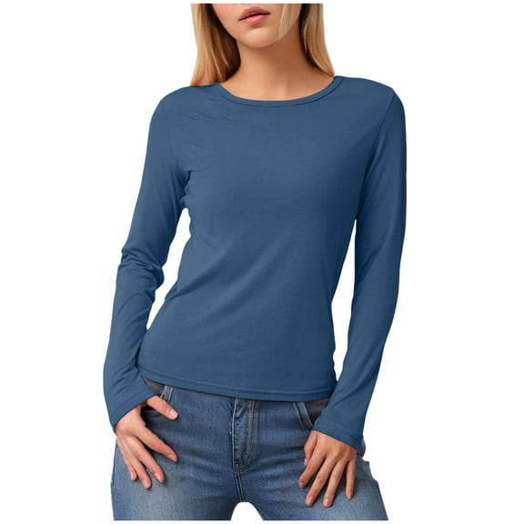 felwors Women's Long-Sleeve Crew-Neck Cotton T-Shirt Classic-Fit Shirt Soft Breathable Casual Tee Basic Tops Navy, M