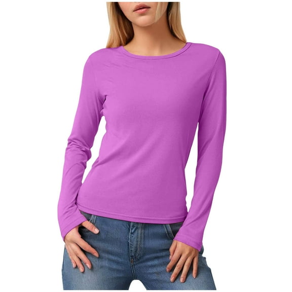 felwors Women's Long-Sleeve Crew-Neck Cotton T-Shirt Classic-Fit Shirt Soft Breathable Casual Tee Basic Tops Purple, S