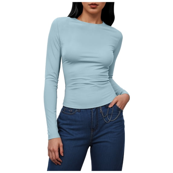 felwors Women's Long Sleeve Crew Neck Shirts Fall Basic Casual Ruched Side Slim Fit T Shirts Tee Tops Light Blue, L