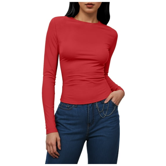 felwors Women's Long Sleeve Crew Neck Shirts Fall Basic Casual Ruched Side Slim Fit T Shirts Tee Tops Red, S