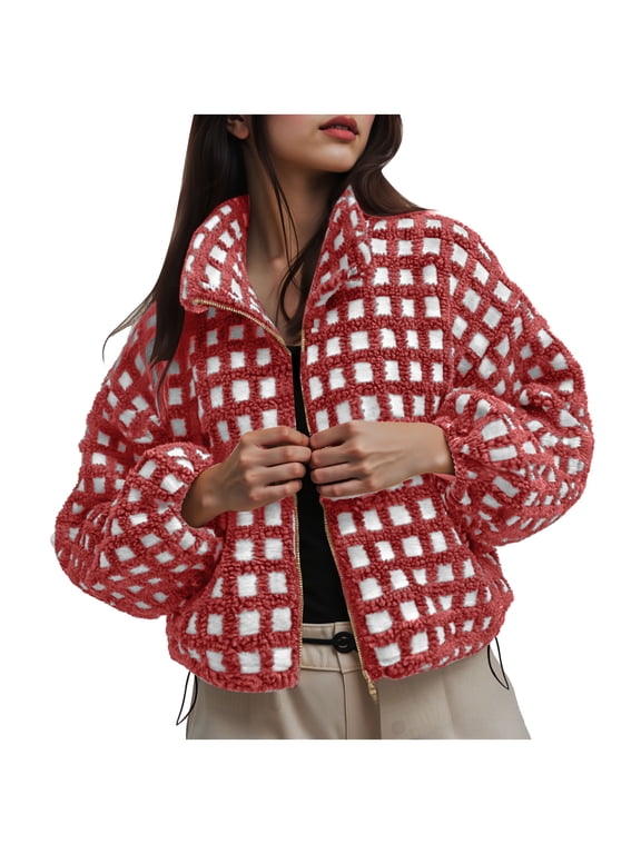 Women's Long Sleeve Cropped Sherpa Fleece Plaid Jacket Casual Chunky Teddy Fleece Outerwear Red, S
