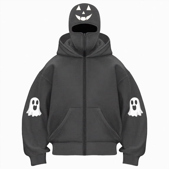 felwors Women's Long Sleeve Halloween Zip-Up Hoodie with Face Mask Oversized Graphic Sweatshirt for Fall Festive Dark Gray for Size XL