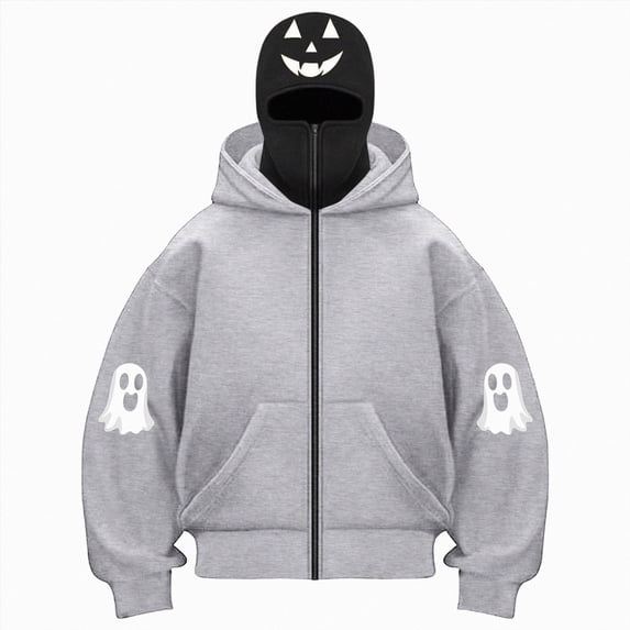 felwors Women's Long Sleeve Halloween Zip-Up Hoodie with Face Mask Oversized Graphic Sweatshirt for Fall Festive Grey for Size L