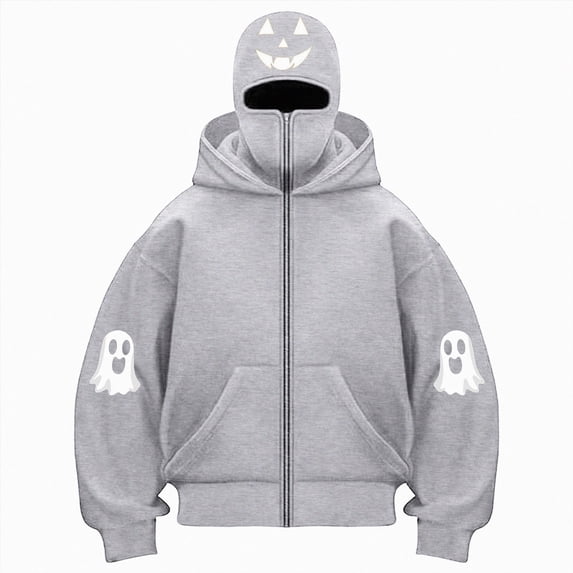 felwors Women's Long Sleeve Halloween Zip-Up Hoodie with Face Mask Oversized Graphic Sweatshirt for Fall Festive Light Gray for Size M