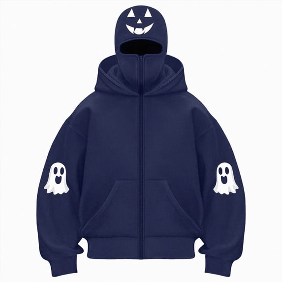 felwors Women's Long Sleeve Halloween Zip-Up Hoodie with Face Mask Oversized Graphic Sweatshirt for Fall Festive Navy for Size XXXL