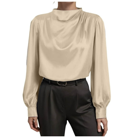 felwors Women's Long Sleeve Mock Neck Blouser Casual Satin Silk Top Suitable for Business Work Shirt Beige, XL