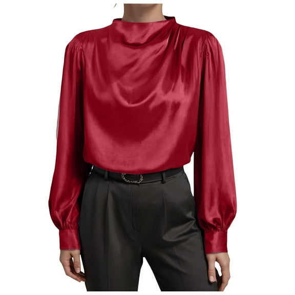 felwors Women's Long Sleeve Mock Neck Blouser Casual Satin Silk Top Suitable for Business Work Shirt Red, M