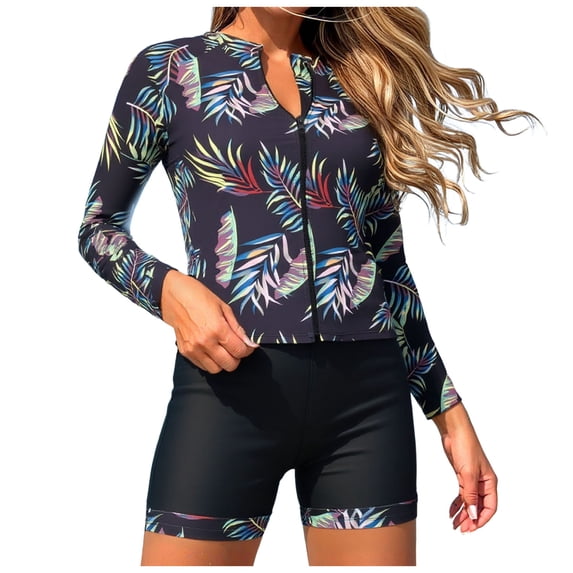 felwors Women's Long Sleeve Rash Guard Swimsuit Set Tropical Print Zip Front Top & Boyshort Bottom Two Piece Swimwear (Black, XXL)