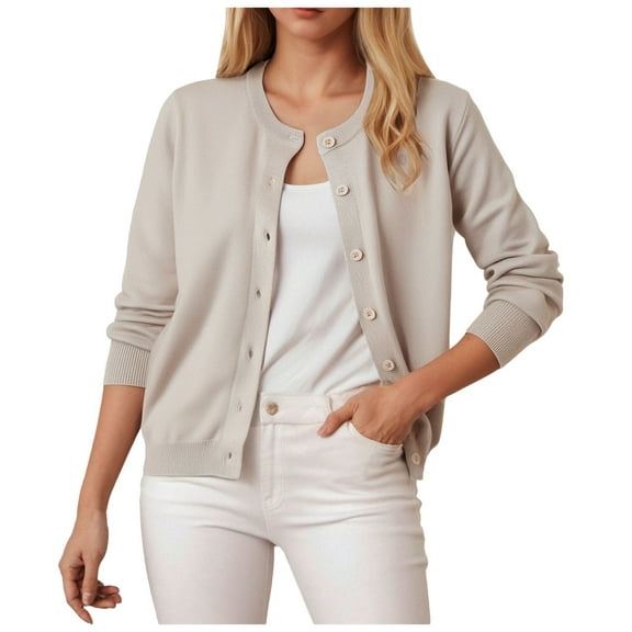 felwors Women's Long Sleeve Round Neck Button Down Cardigan Knit Shrugs Sweater Open Front Cropped Cardigan Khaki, M