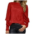 thumbnail image 1 of felwors Women's Long Sleeve Sequin Tops Dressy Sparkle Glitter Crewneck Blouse Sexy Cocktail Party Shirts Y2k Clubwear Red, XL, 1 of 7