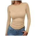 thumbnail image 1 of felwors Women's Long Sleeve Shirts，2025 Casual Basic Going Out Crop Tops Slim Fit Tight Y2K Clothes Khaki, S, 1 of 4