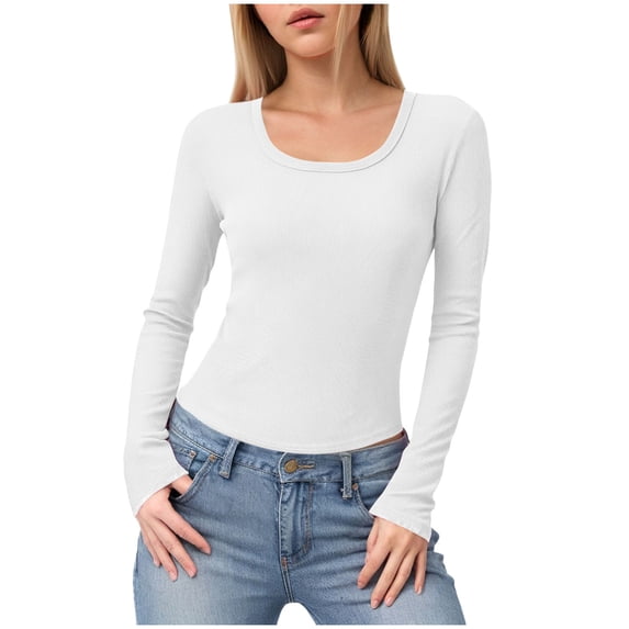 felwors Women's Long Sleeve Stretch Ribbed Crewneck T-Shirt - Fitted Casual Basic Top for Business & Daily Wear White, M