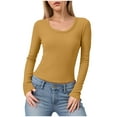 thumbnail image 1 of felwors Women's Long Sleeve Stretch Ribbed Crewneck T-Shirt - Fitted Casual Basic Top for Business & Daily Wear Yellow, XL, 1 of 6