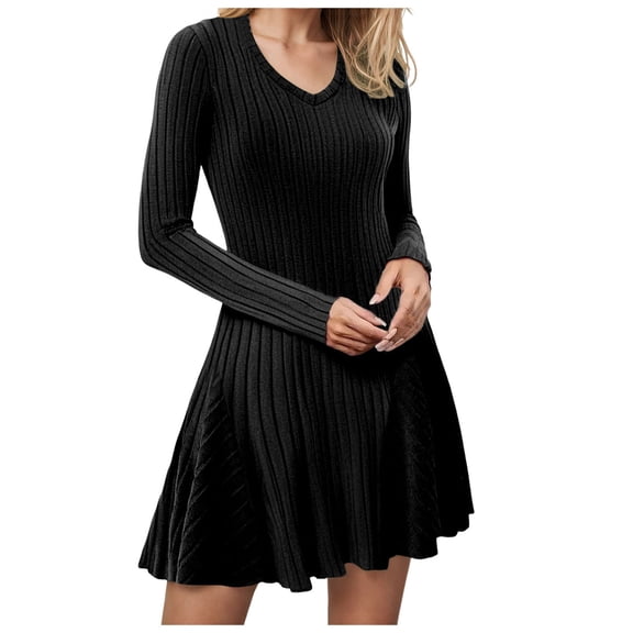 felwors Women's Long Sleeve Sweater Maxi Dresses V Neck Casual Fall A-Line Church Fall Long Dresses Black, L