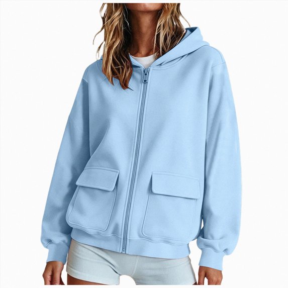 felwors Women's Long Sleeve Zip-Up Fleece Hoodie with Flap Pockets Oversized Utility Sweatshirt for Fall Casual Streetwear Light Blue for Size XL