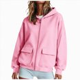 thumbnail image 1 of felwors Women's Long Sleeve Zip-Up Fleece Hoodie with Flap Pockets Oversized Utility Sweatshirt for Fall Casual Streetwear Pink for Size M, 1 of 4