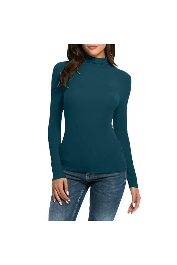 Women's Long Sleeves Mock Turtleneck Tops Basic Stretch Lightweight Under Layer Shirts Dark Blue, XL