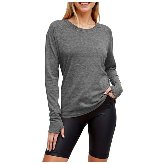 felwors Women's Long Sleeves Workout T Shirt Breathable Sports Running Yoga Tops Thumb Holes Grey, XL