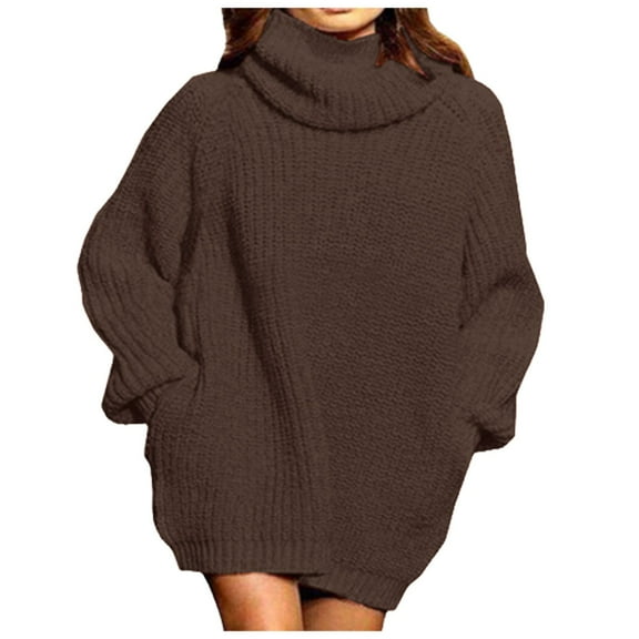 felwors Women's Loose Turtleneck Oversize Long Pullover Sweater Dress Brown, M