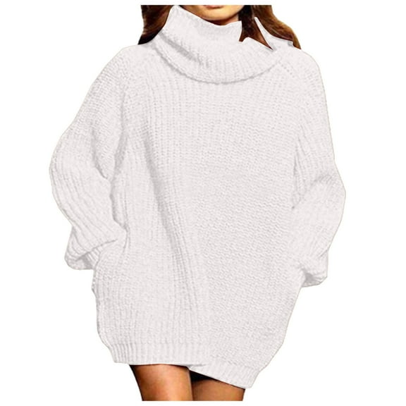 felwors Women's Loose Turtleneck Oversize Long Pullover Sweater Dress White, XL