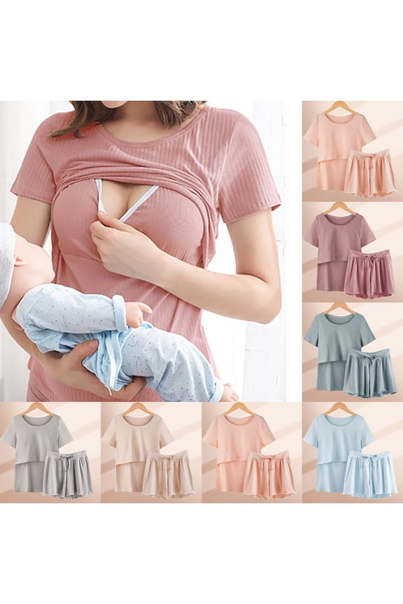 Women's Maternity Nursing Pajama Set - Double Layer Short Sleeve Top & Shorts | Breastfeeding-Friendly Comfortable Pregnancy & Postpartum Loungewear(Pink, XL)
