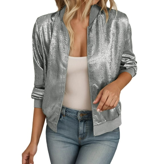 felwors Women's Metallic Bomber Jacket Trendy Sparkly Coats for Nights Going Out Casual Spring Fall Outerwear Zip Up SL1, XXXXXL