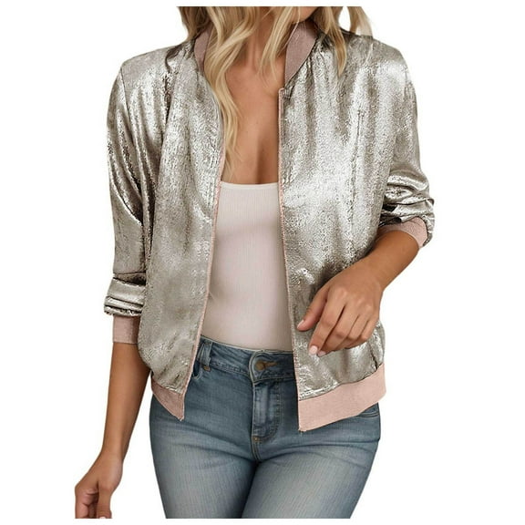 felwors Women's Metallic Bomber Jacket Trendy Sparkly Coats for Nights Going Out Casual Spring Fall Outerwear Zip Up White, S