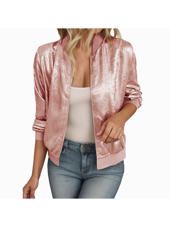 Women's Metallic Bomber Jacket Zip Up Long Sleeve Outwear, Lightweight Fall Jacket Ribbed Cuffs Shiny Metallic Fabric (Pink, XS)
