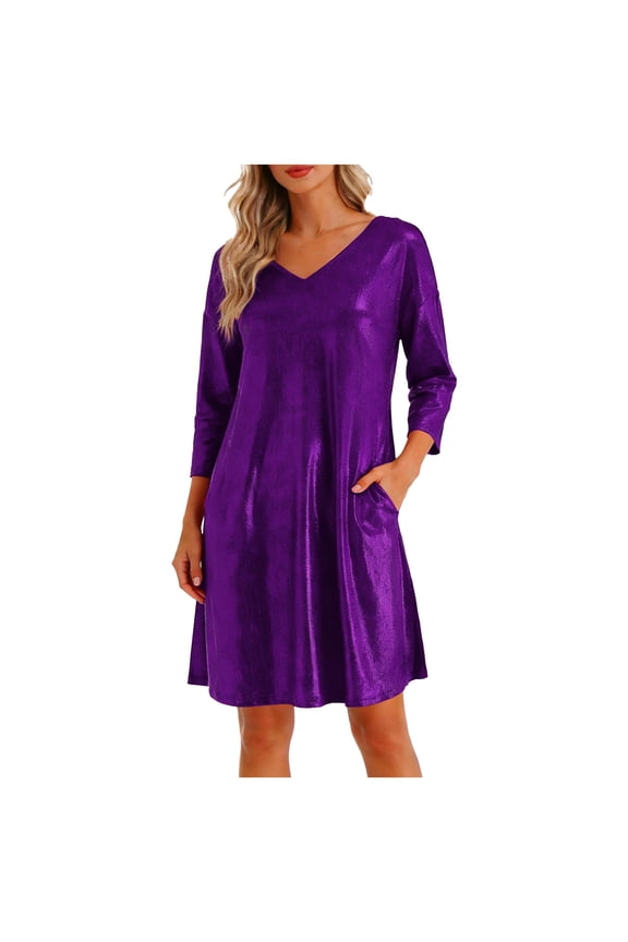 Women's Metallic Shiny V Neck 3/4 Sleeve Swing Dress - Loose Fit Glam Party Dress with Side Pockets (Purple, L)