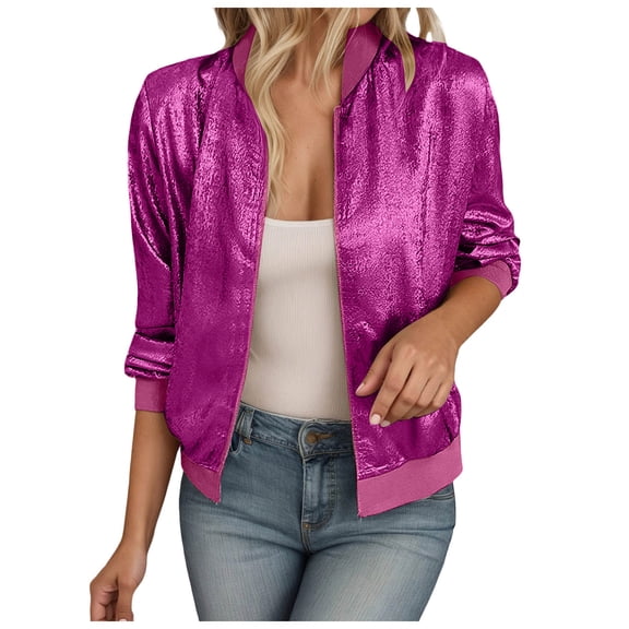 felwors Women's Metallic Zipper Bomber Disco Party Jackets Outwear Long Sleeve Lightweight Jacket Coats Red, XS