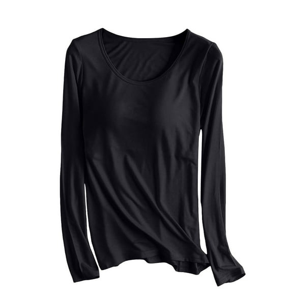 felwors Women's Modal T Shirt Built-in Padded Bra Active Tops Soft Pajama Long Sleeve Shirts Workout Yoga Athletic Shirts Black, S