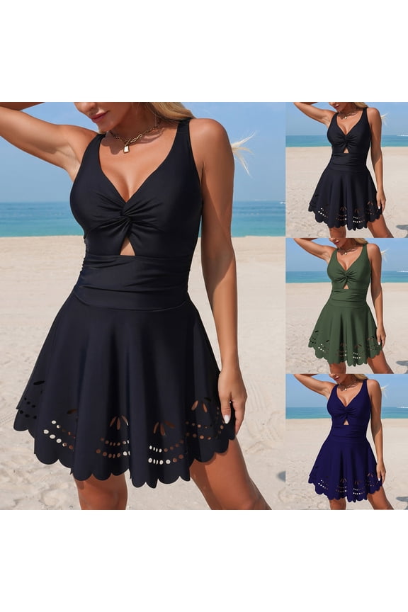 Women's One Piece Swim Dress Featuring Cut-Out Detail & Scallop Hem – Chic Beachwear（Blue， L）